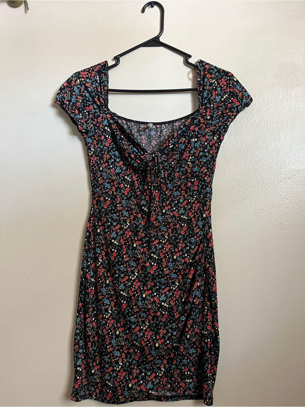 Navy Floral Midi Dress with Puff Sleeves